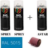 Sio Colors 2 Adet Sprey+1 Adet Astar+Zımpara Sprey Akrilik Boya Seti 400 ml (Metal-Ahşap-Araba-Plastik) - RAL-5015 GÖK MAVİSİ