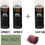 Sio Colors 2 Adet Sprey+1 Adet Astar+Zımpara Sprey Akrilik Boya Seti 400 ml (Metal-Ahşap-Araba-Plastik) - RAL-6021 SOLUK YEŞİL
