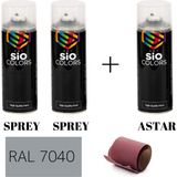 Sio Colors 2 Adet Sprey+1 Adet Astar+Zımpara Sprey Akrilik Boya Seti 400 ml (Metal-Ahşap-Araba-Plastik) - RAL-7040 BETON GRİ