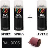 Sio Colors 2 Adet Sprey+1 Adet Astar+Zımpara Sprey Akrilik Boya Seti 400 ml (Metal-Ahşap-Araba-Plastik) - RAL-9005 MAT SİYAH