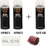 Sio Colors 2 Adet Sprey+1 Adet Astar+Zımpara Sprey Akrilik Boya Seti 400 ml (Metal-Ahşap-Araba-Plastik) - RAL-9016 TRAFİK BEYAZI