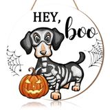 Sionoiur Cadılar Bayramı Hayalet Köpek Kapı Asılı İşaret Süslemeleri, Hey Boo İskelet Kabak Örümcek Ağı Yuvarlak Ahşap Tabelalar, Cadılar Bayramı Ön Kapı Askısı Çelenk Yard Duvar Ev Dekoru Cadılar Bayramı