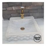 Sipahi Marble Beyaz Mermer Piramit Dizayn Kare Lavabo - Batarya Çıkışlı