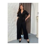 Şirin Butik Kadın Büyük Beden Siyah Kruvaze Yaka Düğme Detaylı Kısa Kol Abiye Tulum