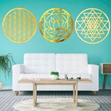 Şirin Lazer Yaşam Çiçeği Lotus Sriyantra Üçlü Duvar Dekorasyonu Set Ahşap Mdf Üzerine Gold Altın Srısı Aynalı Pleksi