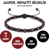 Sırlı Taş Jasper, Hematit Bileklik - Iden Black Red Bileklik - Tasarım Bileklik 4mm Ayarlanabilir - 16 cm - Siyah - Kırmızı
