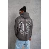Sırt Baskılı Erkek Günlük Stil 98 Numara Gri Pamuklu Kapüşonlu Sweatshirt