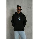 Sırt Baskılı Kadın Salaş Stil Siyah Siyah Oversize Hoodie - Survivor Penguin Temalı, Felsefi Yazılı Kapüşonlu Sweatshirt