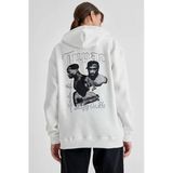 Sırt Baskılı Kadın Sokak Stili Beyaz Kapüşonlu Üç İplik Oversize Sweatshirt