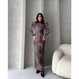 Sırt Dekolteli Leopar Desenli Elbise - KAHVERENGİ - M