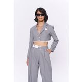 Sırtı Yazı Baskılı Kumaş Garnili Crop Ceket Gri