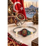 Siset Gümüş 925 Ayar Kırmızı Mineli Osmanlı Devlet Armalı Bileklik-Yüzük İkili Gümüş Set