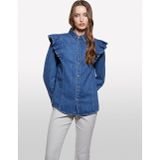 Sisley %100 Pamuk Fırfır Detaylı Denim Gömlek Kadın Haki Yeşili Gömlek - 325A53gelq09n