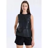 Sisley Deri Görünümlü Regular Fit Bisiklet Yaka Kolsuz Bluz Kadın Siyah Bluz - 325A54uklq09v
