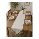 Sister Home Design Bohem Dantel Detaylı Makrome Uçlu Beyaz Runner 50x170 cm | Şık Masa Örtüsü, Salon ve Mutfak Dekorasyonu