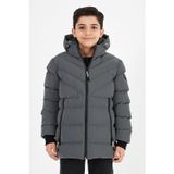 SİVAİST Gri Erkek Çocuk Sabit Kapüşonlu Şişme Deri Karışımlı Kumaş Mont&Kaban