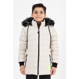 Sivaist Krem Erkek Çocuk Çıkartılabilir Kapüşonlu Şişme Deri Karışımlı Kumaş Mont&Kaban