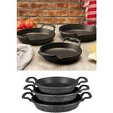 Siyah 3’lü Lüx Granit Döküm Sahan ve Yumurta Tavası Seti, 18-20-22 cm - Seçenek 1 - Ahşap