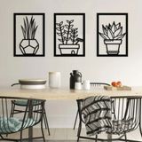 Siyah Ahşap 3lü Saksı Çiçekler Duvar Dekoru Salon Mutfak Balkon Bahçe Için 40X80 cm Tablo Seti - 40x27