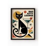 Siyah Ahşap Çerçeveli Bad Kitty Lounge Poster – Retro Tarzda Siyah Kedi Duvar Tablosu Siyah Çerçeveli 21 x 30
