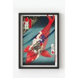 Siyah Ahşap Çerçeveli Japanese Koi Warrior Poster Japon Balık ve Savaşçı Temalı Duvar Tablosu Siyah Çerçeveli 21 x 30