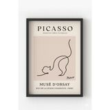 Siyah Ahşap Çerçeveli Picasso Kedi Çizimi Poster – Minimalist Hayvan Figürü Duvar Tablosu Siyah Çerçeveli 30 x 40