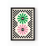 Siyah Ahşap Çerçeveli Retro Göz Desenli Poster – Çiçek ve Dama Desenli Modern Duvar Tablosu Siyah Çerçeveli 10 x 15