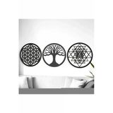 Siyah Ahşap Yaşam Çiçeği Sri Yantra Torus Hayat Ağacı 3'Lü Set Duvar Tablosu