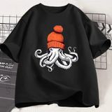 Siyah Ahtapot Turuncu Bere Japon Tarzı Grafik Tees Yuvarlak Boyun Le - XL