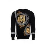 Siyah Altın Taşlı Leopar Madalyon Baskılı Bisiklet Yaka Sweatshirt | Wessi