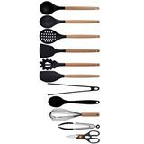 Siyah Bambu Silikon Kepçe Kaşık Kevgir Makarna, 2 Spatula, 2 Maşa, Çırpıcı, S Kaşık, Makas 11 Li Set