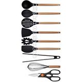 Siyah Bambu Silikon - Kepçe, Kaşık, Kevgir, Makarna, 2 Spatula, Silikon Maşa, Makas, Çırpıcı, 9 Adet Çok Renkli