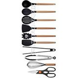 Siyah Bambu Silikon - Kepçe, Kaşık, Kevgir, Makarna, 2 Spatula, Silikon Metal Maşa, Makas, Çırpıcı Çok Renkli
