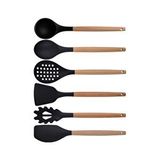Siyah Bambu Silikon - Kepçe, Kaşık, Kevgir, Makarna, Açılı - Düz Spatula 6'lı Set