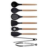 Siyah Bambu Silikon - Kepçe, Kaşık, Kevgir, Makarna, Açılı - Düz Spatula, Metal - Silikon Maşa Set