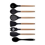 Siyah Bambu Silikon - Kepçe, Kaşık, Kevgir, Makarna, Açılı - Düz Spatula, Silikon Kaşık 7 Li Set