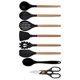 Siyah Bambu Silikon - Kepçe, Kaşık, Kevgir, Makarna, Açılı - Düz Spatula, Silikon Kaşık, Makas Set