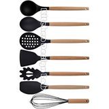 Siyah Bambu Silikon Servis Set - Kepçe, Kaşık, Kevgir, Makarna, Açılı Düz Spatula, Çırpıcı 7 Adet Çok Renkli
