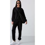 Siyah Basic Pamuklu O Yaka Oversize Lastik Paça Kadın Eşofman Takım - 95287