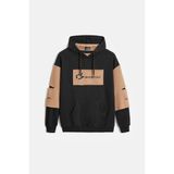 Siyah - Bej Erkek Oversize Kapüşonlu Baskılı Kanguru Cepli Sweatshirt S