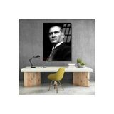 Siyah Beyaz Atatürk Görseli Cam Tablo Modeli Ev Ofis Hediyesi Duvar Dekoru