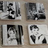 Siyah Beyaz Audrey Hepburn Fotoğrafları Doğal Taş Bardak Altlığı 4'lü set - Natural Stone Coasters