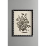 Siyah Beyaz Çiçek Natürmortu - Vintage Desenli Çerçeve - İnce Model, Gümüş, 21 x 30