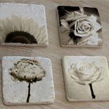 Siyah Beyaz Çiçekler Doğal Taş Bardak Altlığı 4'lü set - Natural Stone Coasters
