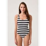 Siyah-Beyaz Çizgili U Yaka Spor Mayo Sporty One Piece