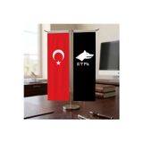 Siyah Beyaz Göktürkçe Türk Yazılı ve Türk Bayrağı Kırlangıç T tipi Masa Bayrak Takımı