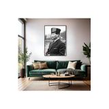Siyah Beyaz Görsel Kemal Atatürk Metal Çerçeveli Cam Tablo Modeli Dikey Duvar Tablosu Ofis Ev Dekoru
