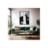 Siyah Beyaz Karizmatik Atatürk Görseli Metal Çerçeveli Cam Tablo Dikey Duvar Tablosu Ev Ofis Dekoru
