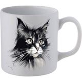 Siyah Beyaz Kedi Baskılı Beyaz Kupa Bardak - Seramik Çay, Kahve Hediyelik Bardağı - 001 - Beyaz