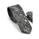 Siyah Beyaz Motif Desenli Gri Dokuma Kumaş Mendilli Slim Fit Kravat / SDK-220711